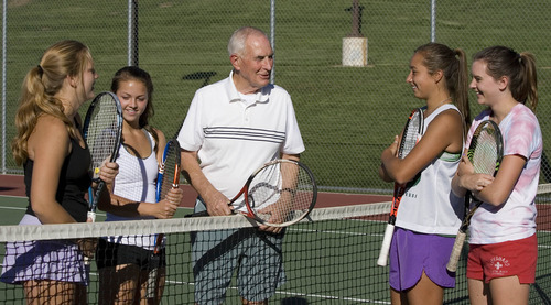Paul Fraughton | Salt Lake Tribune
Olympus High tennis coach, Kevin Watts,  talks to his doubles team members, from left: Emily Watts, Hannah Durham, Anika Van Boerum and Megan Bell at a recent practice.

 Tuesday, October 2, 2012