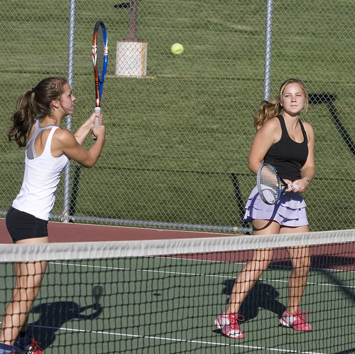Paul Fraughton | Salt Lake Tribune
The #2 girls doubles team at Olympus High, Hannah Durham,left, and   Emily Watts and get ready for the upcoming state tournament.

 Tuesday, October 2, 2012