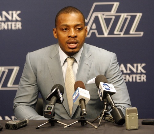 Rick Egan  | The Salt Lake Tribune 

Randy Foye, the newly acquired Jazz player from the LA Clippers, talks to the media at the Zion's Bank Basketball Center, Thursday, July 26, 2012.