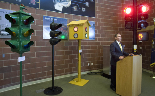 Paul Fraughton |  The Salt Lake Tribune
A display of the evolution of traffic signals, beginning with a replica of the 1912 prototype, has been created in the public lobby of the Utah Department of Transportation Traffic Operations Center in Salt Lake City.