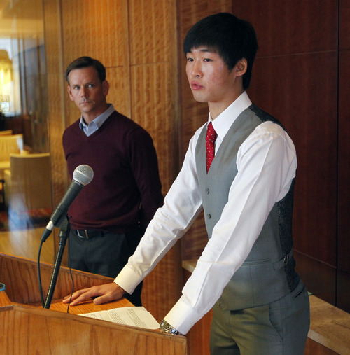 Al Hartmann  |  The Salt Lake Tribune
Speedskater Simon Cho admits at a press conference in Salt Lake City Friday October 5 that he tampered with a rival's skate at the world championships last year. He said that he was pressured into the act by short-track coach Jae Sun Chun. His legal representative John Wunderli, is at left.