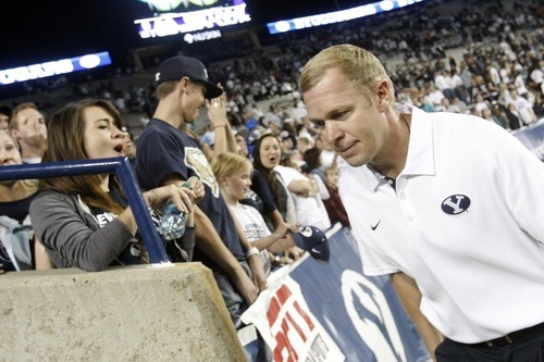 Chris Detrick  |  The Salt Lake Tribune
Brigham Young Cougars head coach Bronco Mendenhall after the game at LaVell Edwards Stadium Friday September 28, 2012. BYU won the game 47-0.