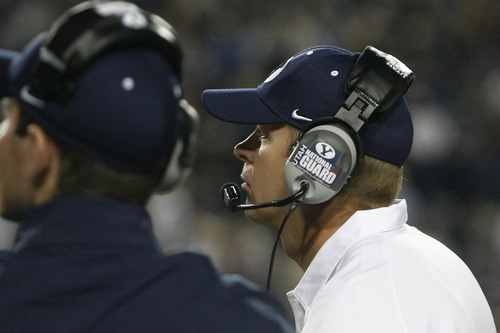 Chris Detrick  |  The Salt Lake Tribune
Brigham Young Cougars head coach Bronco Mendenhall watches during the second half of the game at LaVell Edwards Stadium Friday September 28, 2012. BYU won the game 47-0.