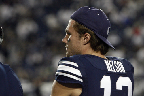 Chris Detrick  |  The Salt Lake Tribune
BYU quarterback Riley Nelson watches during the second half against Hawaii at LaVell Edwards Stadium on Sept. 28, 2012. BYU won the game 47-0.