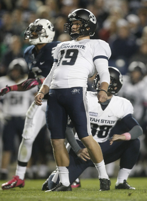 Chris Detrick  |  The Salt Lake Tribune
Utah State Aggies kicker Josh Thompson (19) misses a field goal attempt which would have tied the score at 6-6 during the second half of the game at LaVell Edwards Stadium Friday October 5, 2012. BYU won the game 6-3.