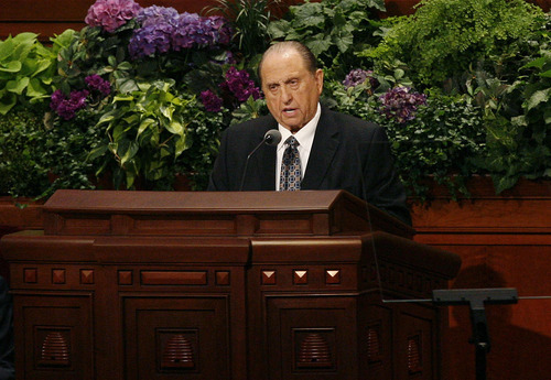 Scott Sommerdorf  |  The Salt Lake Tribune             
President Thomas S. Monson addresses the 182nd Semiannual General Conference, Saturday, October 6, 2012. He announced the lowering of age miniumums for LDS missionaries. For young men the age is now 18, and for women it is now 19, effective immediately.