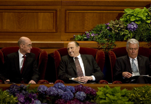 Kim Raff  |  The Salt Lake Tribune
President Henry B. Eyring, left, LDS President Thomas S. Monson and President Dieter F. Uchtdorf talk before the afternoon session of the 182nd Semiannual General Conference of the LDS Church in Salt Lake City on Sunday, October 7, 2012.