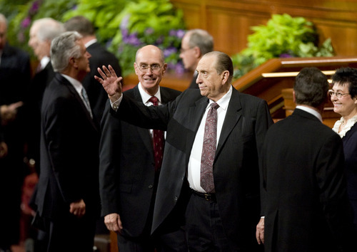 Kim Raff  |  The Salt Lake Tribune
LDS President Thomas S. Monson waves to the audience as he leaves the afternoon session during 182nd Semiannual General Conference of the LDS Church in Salt Lake City on Sunday, October 7, 2012.