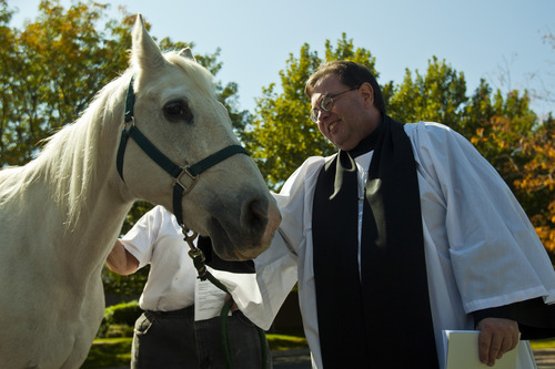 Chris Detrick  |  The Salt Lake Tribune
Priest Associate Steve Andersen blesses Desert Storm, 29, of West Bountiful, as owner Anne Blankenship watches during the Blessing of the Beasts at the Episcopal Church of the Resurrection in Centerville Saturday October 6, 2012. This annual event was a continuation of the commemoration of St. Francis of Assisi and his love of all creatures.