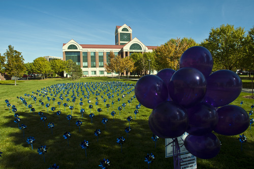Chris Detrick  |  The Salt Lake Tribune
A field of 610 pinwheels outside of Sandy City Hall Tuesday October 9, 2012, represent the 610 children that witnessed domestic violence in Sandy last year. October is National Domestic Violence Awareness month.