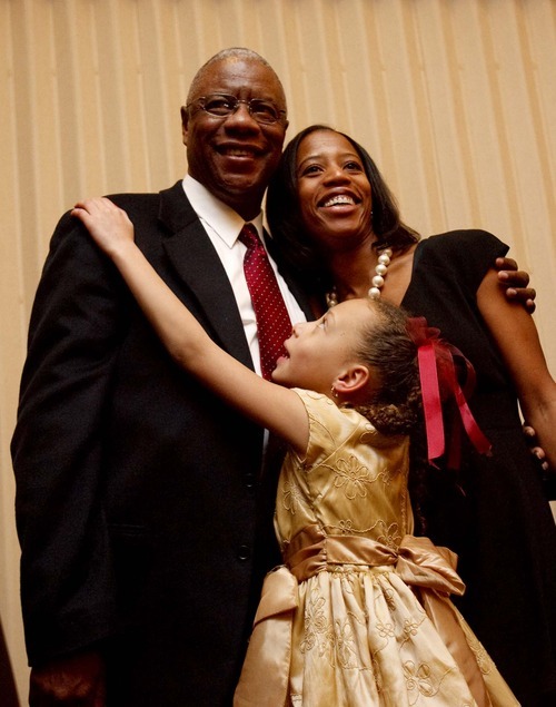 Trent Nelson  |  Tribune file photo
Mia Love was sworn in as the mayor of Saratoga Springs on Jan. 8, 2010, at the TalonsCove Country Club. Following the ceremony she was embraced by her father Jean Bourdeau and daughter.