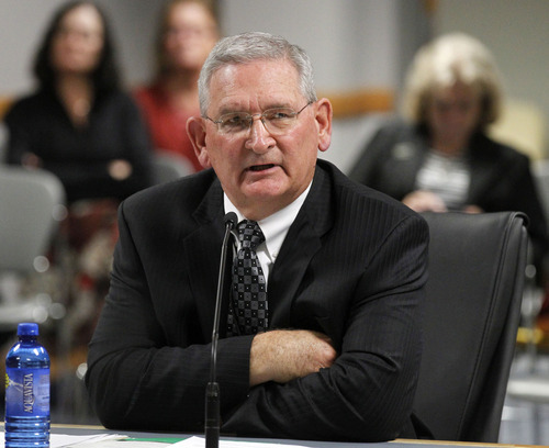Al Hartmann  |  The Salt Lake Tribune
The Utah State School Board interviews current state deputy superintendent Martell Menlove Monday October 8.  He was among three finalists the board interviewed to choose a new state superintendent of education.