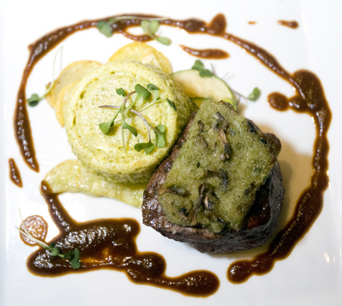 Kim Raff | The Salt Lake Tribune
Beef tenderloin with mushroom butter, roasted red onion sauce and a ramp and potato custard is representative of the new menu at Snowbird's The Aerie restaurant.