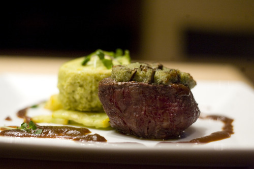 Kim Raff | The Salt Lake Tribune
Beef tenderloin with mushroom butter, roasted red onion sauce and a ramp and potato custard at The Aerie restaurant, located at the top of Snowbird Ski & Summer Resorts's Cliff Lodge.