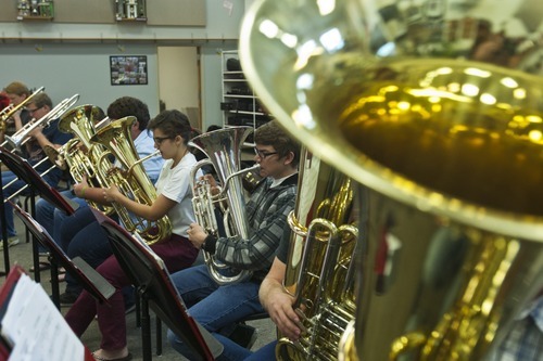 Chris Detrick  |  The Salt Lake Tribune
Members of the Wind Symphony perform during a rehearsal at American Fork High School Wednesday Oct. 10, 2012. The symphony, along with the University of Utah Wind Ensemble, will perform a special concert in honor of Heather Christensen on Oct. 23 on the university's campus.