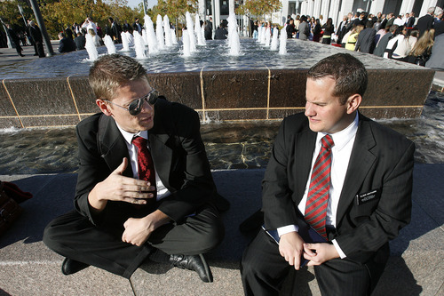 Scott Sommerdorf  |  The Salt Lake Tribune             
Elder Andrew Montierth, 21, left, a missionary from Arizona and Elder Brett Henthorn, also 21, a fellow LDS missionary from Washington state, sit outside the 182nd Semiannual General Conference, Saturday, October 6, 2012.