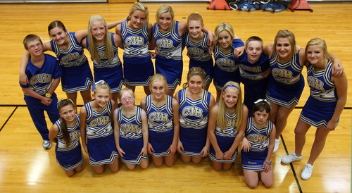 Steve Griffin | The Salt Lake Tribune
The Centerville Junior High cheerleading squad prior to a volleyball game at the Centerville school. The squad has four cheerleaders with special needs and the school has rallied around the kids and  supported them.