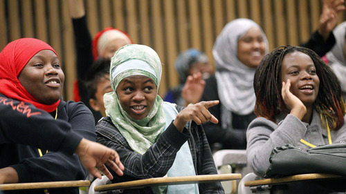 Al Hartmann  |  The Salt Lake Tribune
High school students react to the physics workshop Friday given by University of Utah lecturer demonstration specialist Adam Beehler during the 2nd annual Refugee Youth Conference that brought together more than 200 refugee students from Granite, Canyons and Salt Lake school districts to learn about the importance of education, particularly higher education.