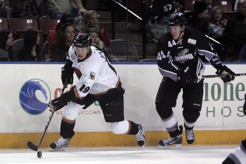 Kim Raff | The Salt Lake Tribune
(left) Utah Grizzlies player Colin Vock takes control of the puck as Idaho Steelheads player Scott Todd follows during the Grizzlies home opener at the Maverick Center in West Valley City, Utah on October 13, 2012.
