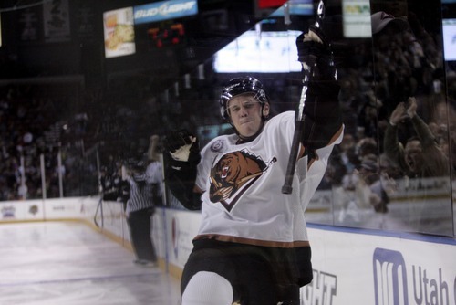 Kim Raff | The Salt Lake Tribune
Utah Grizzlies player Colin Vock celebrates scoring a goal against the  Idaho Steelheads during the Grizzlies home opener at the Maverick Center in West Valley City, Utah on October 13, 2012.
