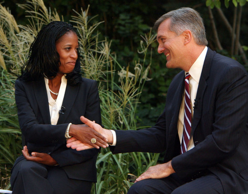 Steve Griffin | The Salt Lake Tribune


GOP challenger Mia Love and Democratic Congressman Jim Matheson shake hands during a television debate hosted by KUTV Channel 2  on Main street in Salt Lake City on Sept. 26, 2012.