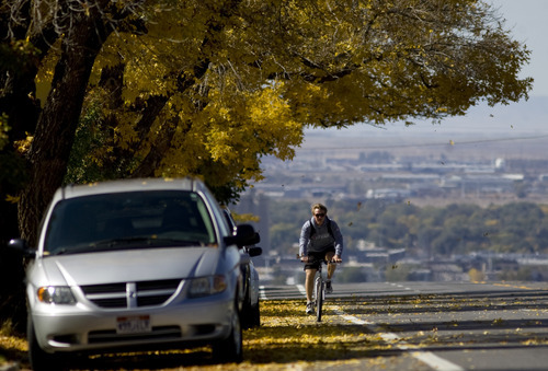 Kim Raff  |  The Salt Lake Tribune
A bike rider travels on east Sunnyside Avenue in Salt Lake City on Sunday, October 14, 2012. In January, Mayor Ralph Becker, as part of his 
