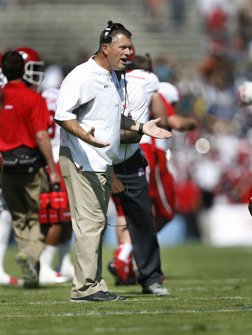 Scott Sommerdorf  |  The Salt Lake Tribune             
Utah head coach Kyle Whittingham yells at Eric Rowe after the defensive back gave up a long touchdown catch against UCLA on Oct. 13, 2012. UCLA defeated Utah 21-14 in Pasadena.