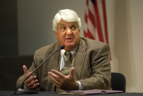 Paul Fraughton | Salt Lake Tribune
Rob Bishop, who is being  challenged in the 1st Congressional District by Donna McAleer, speaks  at  their debate at the Pleasant Valley Library  in Ogden.
 Monday, October 15, 2012