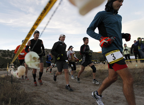 Al Hartmann  |  The Salt Lake Tribune
Fifteen runners in the competive-elite class start the Pony Express Trail 100 Endurance Run at 8 a.m. Friday, Oct. 19. Some 75 entrants and their support teams will run the 50-mile course or the 100-mile course along the historic Pony Express route in the west desert areas of Tooele and Juab counties.