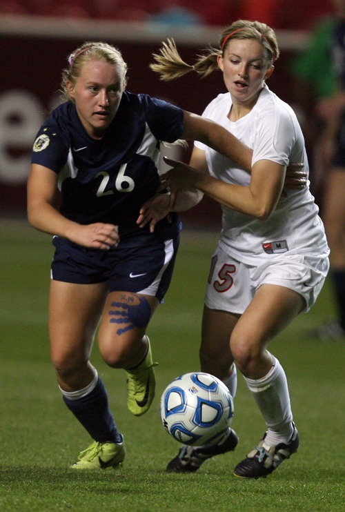 Kim Raff | The Salt Lake Tribune
Bountiful player (right) Morgan Cook and Bonneville player Tobin Niebrugge compete for a ball during the 4A girls state championship game at Rio Tinto Stadium in Sandy, Utah on October 19, 2012. Bonneville went on to win the game 1-0.