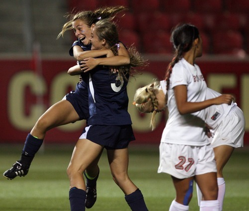 Kim Raff | The Salt Lake Tribune
Bonneville players (right) Karlie Eichmeier and Ellee Hall celebrate Echmeier's goal against Bountiful during the 4A girls state championship game at Rio Tinto Stadium in Sandy, Utah on October 19, 2012. Bonneville won the game 1-0.