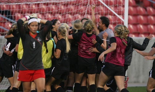 Kim Raff | The Salt Lake Tribune
Viewmont players celebrate winning the 5A girls state championship game against Alta after scoring in double overtime at Rio Tinto Stadium in Sandy, Utah on October 19, 2012. Viewmont went on to win the game 1-0.