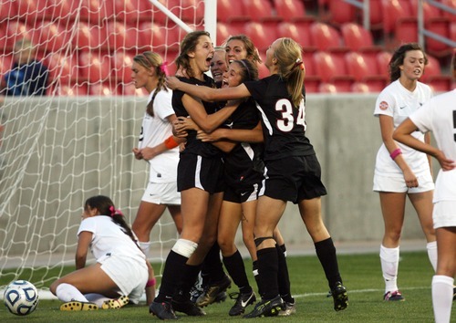 Kim Raff | The Salt Lake Tribune
Viewmont players celebrate winning the 5A girls state championship game against Alta after scoring in double overtime at Rio Tinto Stadium in Sandy, Utah on October 19, 2012. Viewmont went on to win the game 1-0.