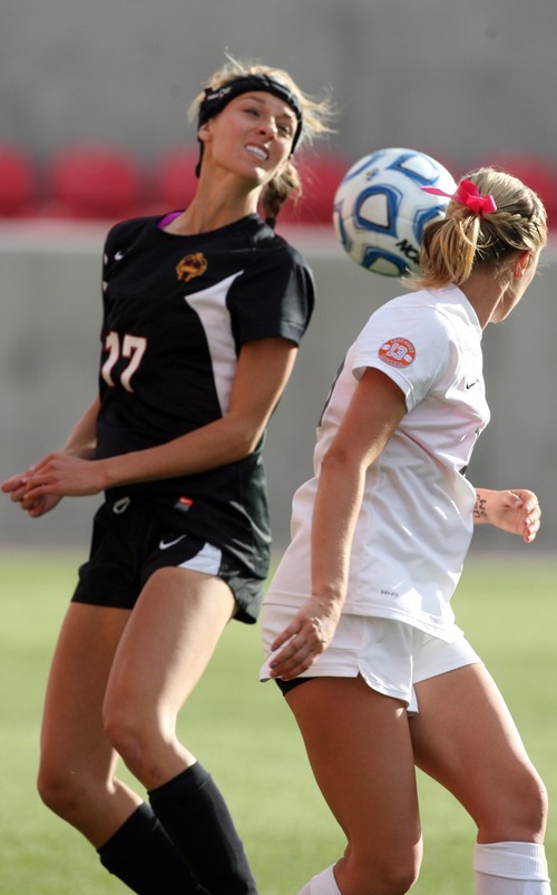 Kim Raff | The Salt Lake Tribune
Alta player (right) Sydney Fitzpatrick and Viewmont player Jana Wall battle for a throw in during the 5A girls state championship game at Rio Tinto Stadium in Sandy, Utah on October 19, 2012. Viewmont went on to win the game 1-0.