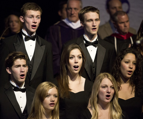 Lennie Mahler  |  The Salt Lake Tribune
The Westminster Chamber Singers perform the National Anthem during the inauguration of the college's new president, Dr. Brian Levin-Stankevich, Saturday, Oct. 20, 2012, at Westminster College in Salt Lake City, Utah.