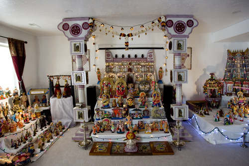Kim Raff | The Salt Lake Tribune
Madhu Gundlapalli's doll display on her home shrine for the Hindu Navratri festival in Alpine, Utah, on Oct. 17, 2012.