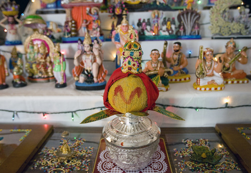 Kim Raff | The Salt Lake Tribune
Kalasam, which is the centerpiece to Madhu Gundlapalli's doll display on her home shrine for the Hindu Navratri festival in Alpine, Utah, on Oct. 17, 2012.