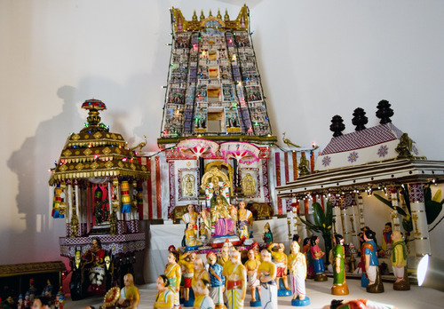 Kim Raff | The Salt Lake Tribune
Hand made structures by Madhu Gundlapalli's father, Narayanan,  on display in her home shrine for the Hindu Navratri festival in Alpine, Utah, on Oct. 17, 2012.