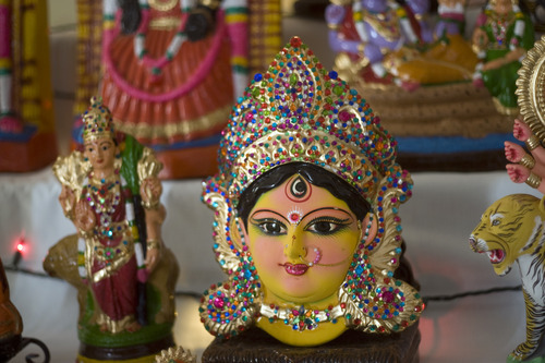 Kim Raff | The Salt Lake Tribune
A doll of Durga, believed to be the destroyer of evil, that is part of Madhu Gundlapalli's doll display on her home shrine for the Hindu Navratri festival in Alpine, Utah, on Oct. 17, 2012.