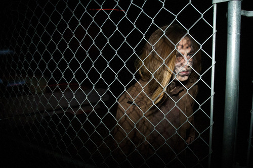 Chris Detrick  |  The Salt Lake Tribune
Junkyard Zombies, a new attraction located at the old Rocky Point Haunted House, 3401 S. Main St., Salt Lake City, in which guests use laser tag guns and earn points by shooting the zombies.