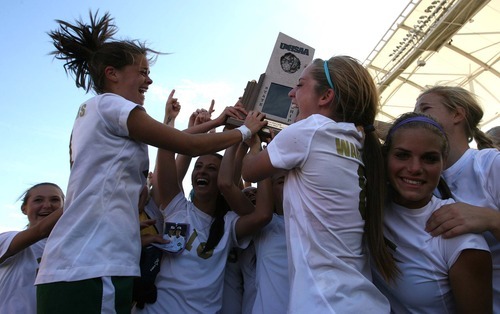 Leah Hogsten  |  The Salt Lake Tribune
 Snow Canyon celebrates the win.  Snow Canyon High School girls defeated Park City High School soccer team 1-0 soccer team to win their first 3A State  Championship game Saturday, October 20, 2012 at Rio Tinto Stadium.