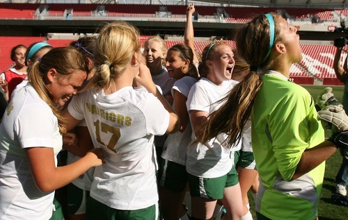 Leah Hogsten  |  The Salt Lake Tribune
 Snow Canyon celebrates the win.  Snow Canyon High School girls defeated Park City High School soccer team 1-0 soccer team to win their first 3A State  Championship game Saturday, October 20, 2012 at Rio Tinto Stadium.