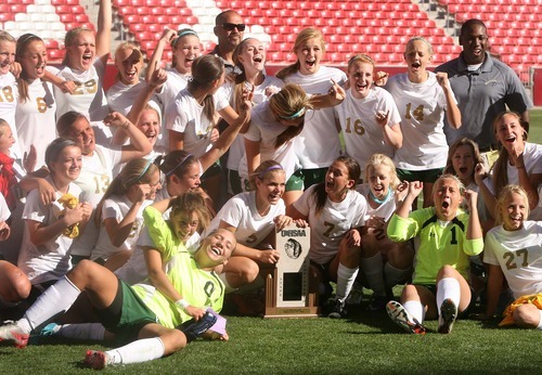 Leah Hogsten  |  The Salt Lake Tribune
Snow Canyon celebrates the win. Snow Canyon High School girls defeated Park City High School soccer team 1-0 soccer team to win their first 3A State  Championship game Saturday, October 20, 2012 at Rio Tinto Stadium.