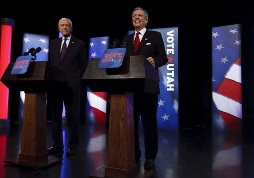 Leah Hogsten  |  The Salt Lake Tribune
Democrat Scott Howell, right, jabbed Sen. Orrin Hatch, R-Utah, for ducking several debates during this election. Hatch agreed to just one televised debate -- taped Wednesday -- and one radio debate, that will be held later. Wednesday's debate airs at 9 p.m. on KUED 7, KBYU 11 and KUEN 9.