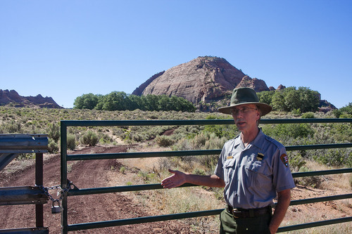 Cobb Condie | Special to the Tribune file photo
Zion National Park Superintendent Jock Whitworth stands in front of a 30-acre private holding within the park boundaries near Kolob Terrace Road, with Tabernacle Dome seen in the background. An announcement Thursday said the land has been purchased and is being turned over to the park thanks to an anonymous donor.
