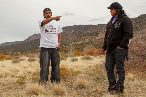 Trent Nelson  |  The Salt Lake Tribune
Stetson Bravo, left, and Greg Anderson at the spot they believe Corey Kanosh's body ended up after he was shot by a Millard County deputy following a high-speed chase. The family of  Kanosh held a press conference Tuesday, Oct. 23, 2012 in Kanosh, Utah, seeking answers in Kanosh's death. Bravo is Kanosh's cousin and Anderson is Kanosh's brother.