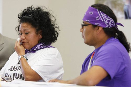 Trent Nelson  |  The Salt Lake Tribune
The family of Corey Kanosh held a press conference Tuesday, Oct. 23, 2012 in Kanosh, Utah, seeking answers in Kanosh's death at the hands of a Millard County deputy following a high-speed chase. Left to right, Gari Lafferty (Corey's aunt) and Jerald Kanosh (Corey's brother).