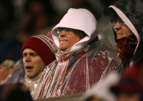 Steve Griffin | The Salt Lake Tribune


Real Salt Lake fans brave the rain as they cheer on their team during first half action of the their CONCACAF match with Tauro FC in Sandy, Utah Tuesday October 23, 2012.
