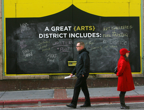 Steve Griffin | The Salt Lake Tribune
Three, 8-foot chalkboards have been erected on Regent Street between 100 and 200 South in Salt Lake City, asking the public to complete the following sentences: -I hope the new Performing Arts Center will… -A great arts district includes… -The best thing about this area is…  It is the site of an urban intervention exercise aimed at gathering input on the new Utah Performing Arts Center and the changes it will bring to downtown. All of the responses posted on the boards are being gathered and included in a widespread public engagement effort that will inform and shape upcoming decisions about the city's new performing arts venue.  Wednesday October 24, 2012.