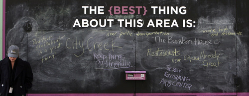 Steve Griffin | The Salt Lake Tribune
Three, 8-foot chalkboards have been erected on Regent Street between 100 and 200 South in Salt Lake City, asking the public to complete the following sentences: -I hope the new Performing Arts Center will… -A great arts district includes… -The best thing about this area is…  It is the site of an urban intervention exercise aimed at gathering input on the new Utah Performing Arts Center and the changes it will bring to downtown. All of the responses posted on the boards are being gathered and included in a widespread public engagement effort that will inform and shape upcoming decisions about the city's new performing arts venue.  Wednesday October 24, 2012.